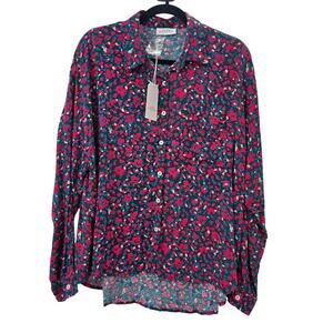 Emily Wonder Womens Small Red Blue Floral Button Up Lightweight Blouse